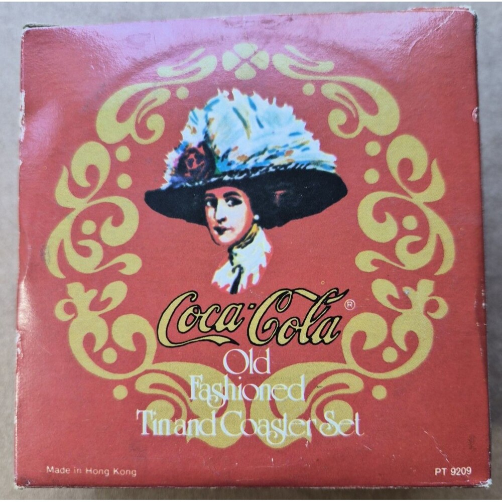 Vintage Coca Cola Old Fashioned Tin & Coasters Victorian Lady Cork Back Set